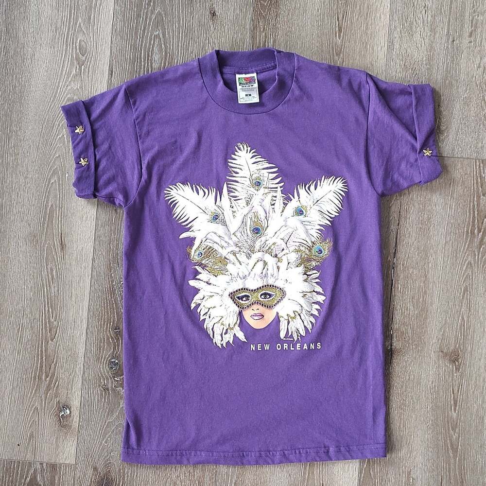 VTG Retro Carnival Mardi Gras Unisex T-Shirt Purple S Masquerade 90s New Orleans